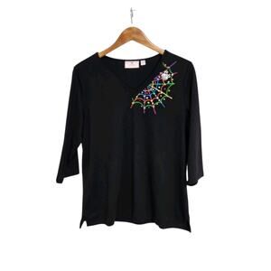 Quacker Factory Embroidered Rhinestone Spider Web Black 3/4 Sleeve Top Medium